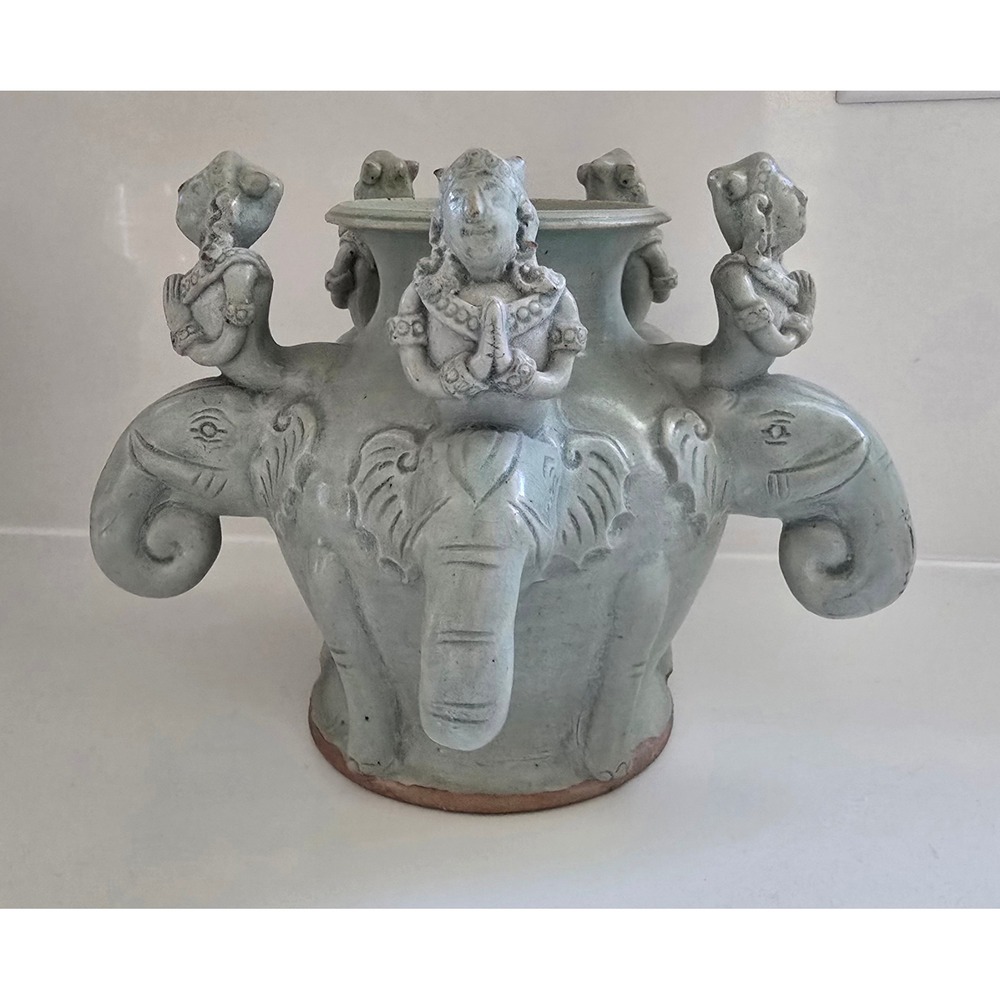Vintage Thai Celadon Elephant Deity Vase Pale Green Ceramic Figural Urn 5-Headed
